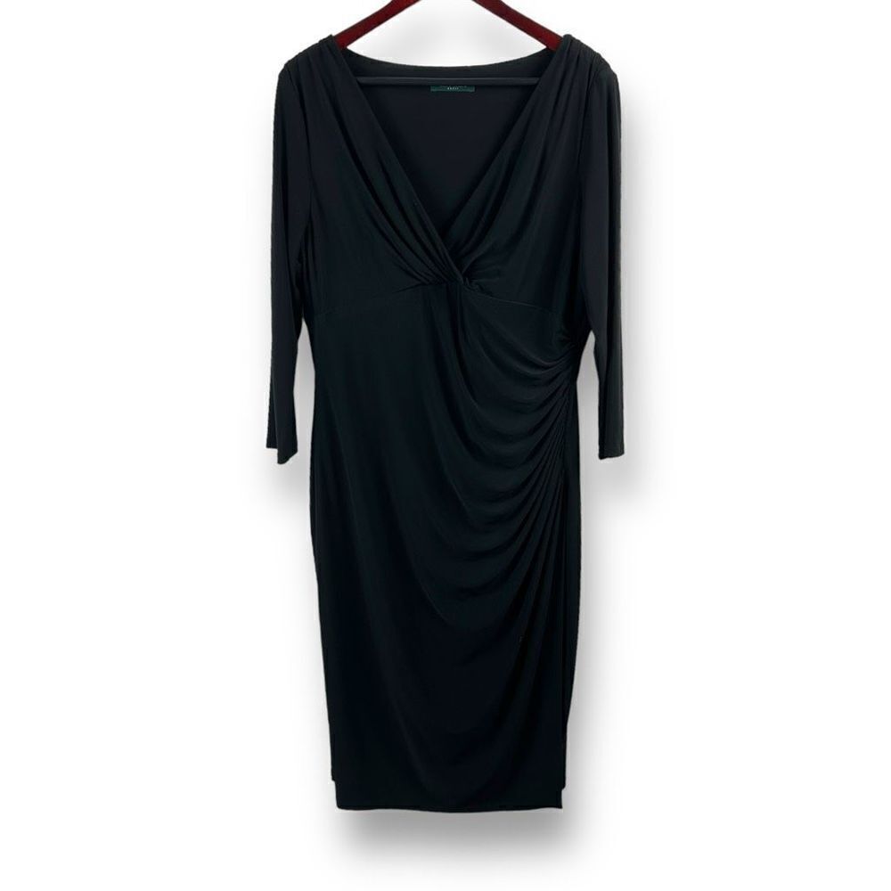 Lauren Ralph Lauren Women's Size L Long Sleeve Crossover Dress Black Ruched Midi